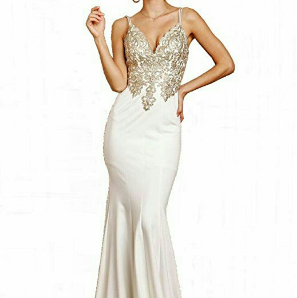Soieblu cream, gold, rhinestone gown